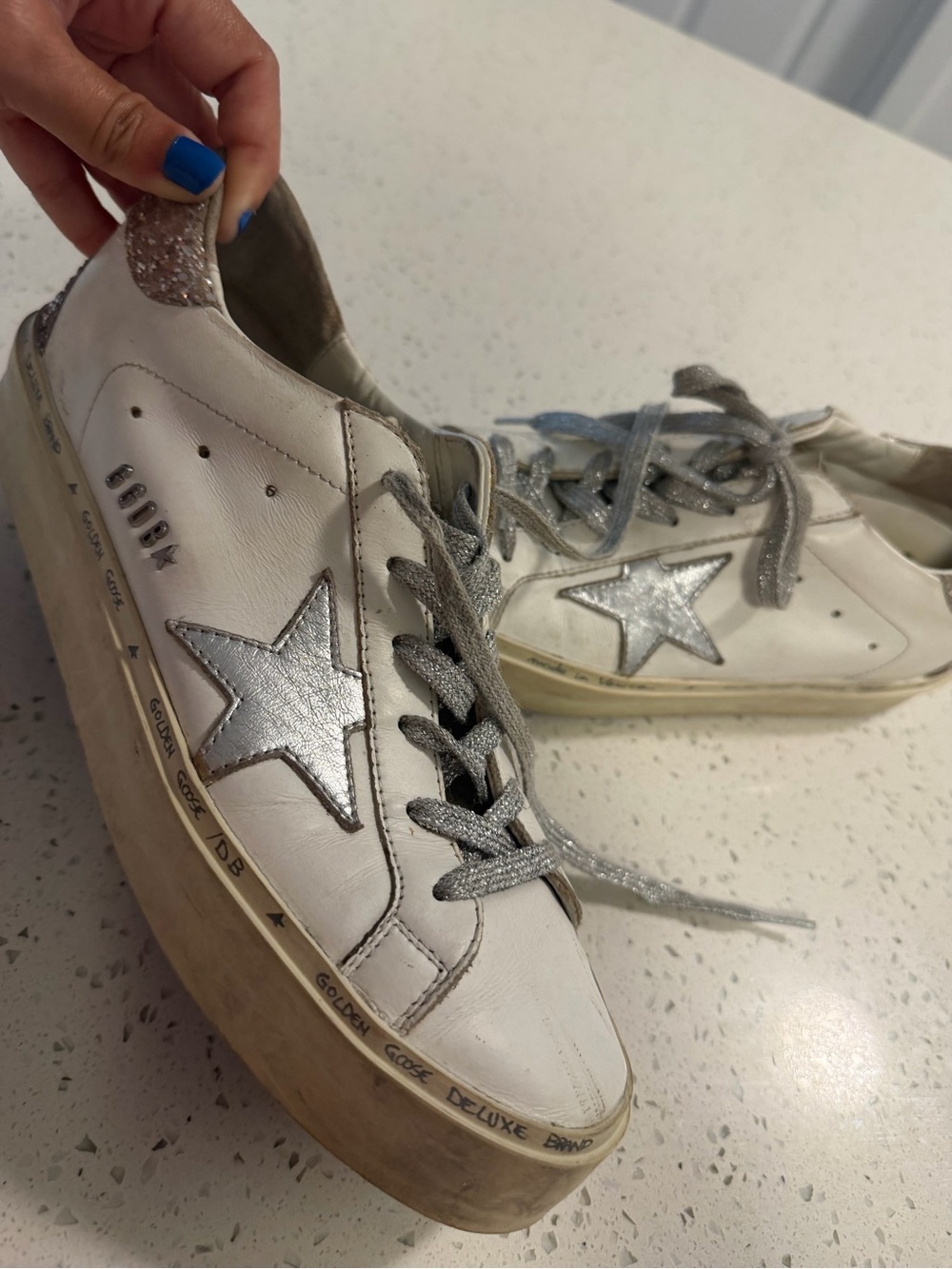 Authentic Golden Goose Hi-Star White Leather Sneakers w/ Glitter Heel